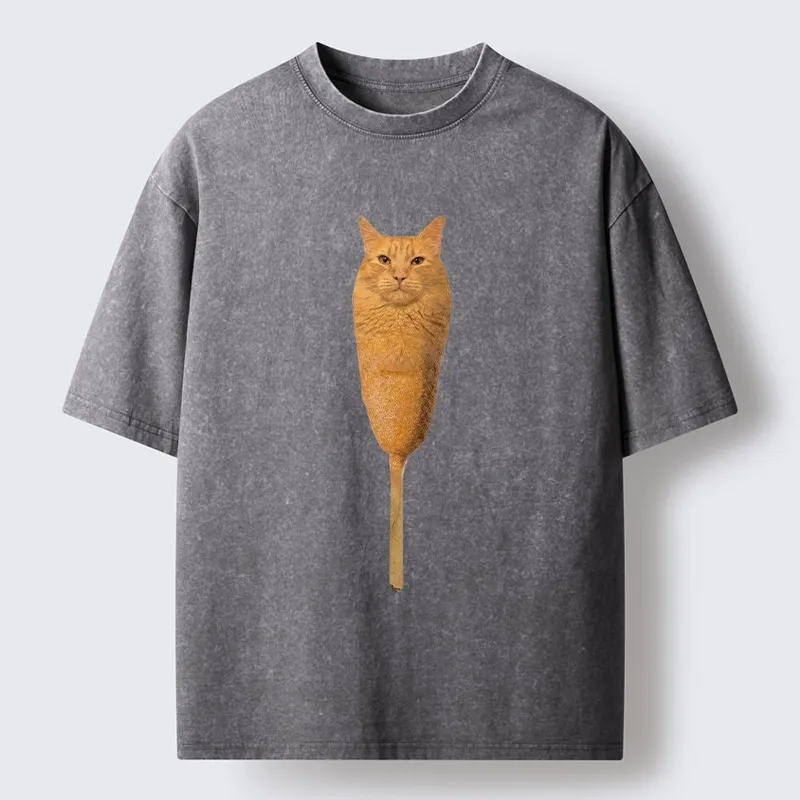 Tokyo-Tiger Orange Cat Corn Dog Meme Washed T-Shirt