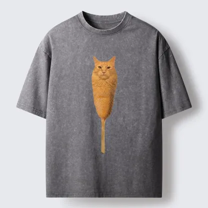 Tokyo-Tiger Orange Cat Corn Dog Meme Washed T-Shirt