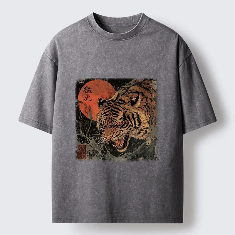 Tokyo-Tiger Fierce Tiger Red Moon Art Washed T-Shirt