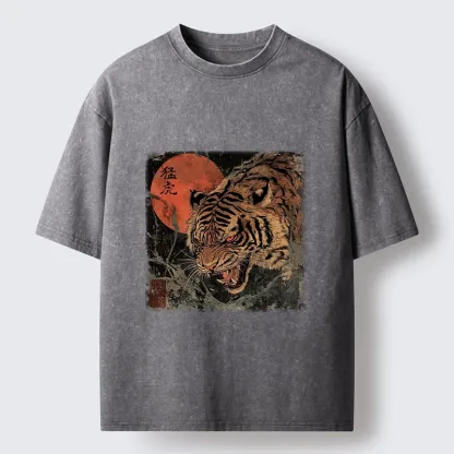 Tokyo-Tiger Fierce Tiger Red Moon Art Washed T-Shirt