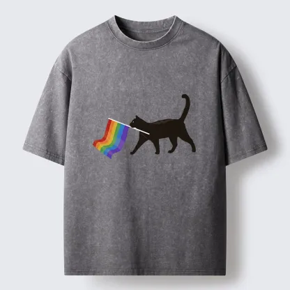 Tokyo-Tiger Black Cat With Pride Flag Washed T-Shirt