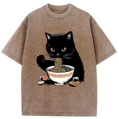 Tokyo-Tiger Cat Eating Favorite Ramen Washed T-Shirt