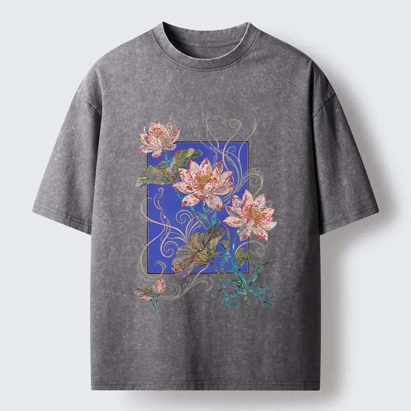 Tokyo-Tiger Lotus Art Floral Vibe Washed T-Shirt Sale