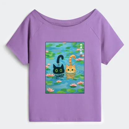 Tokyo-Tiger Cats In The Lotus Pond Off Shoulder T-Shirt