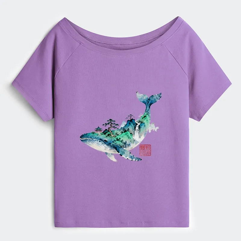Tokyo-Tiger Whale Ink Painting Landscape Off Shoulder T-Shirt