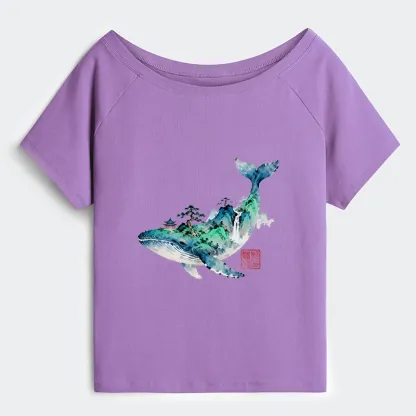 Tokyo-Tiger Whale Ink Painting Landscape Off Shoulder T-Shirt