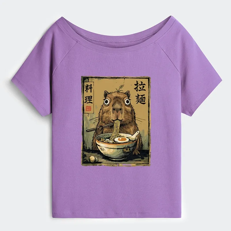 Tokyo-Tiger Cute Capybara Eating Ramen Off Shoulder T-Shirt