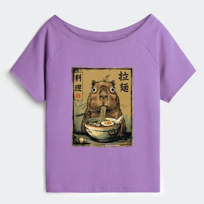 Tokyo-Tiger Cute Capybara Eating Ramen Off Shoulder T-Shirt