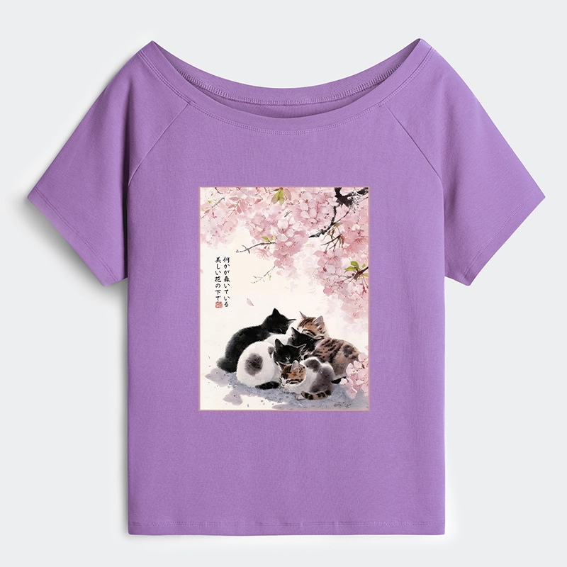 Tokyo-Tiger Cute Cats Sakura Garden Off Shoulder T-Shirt