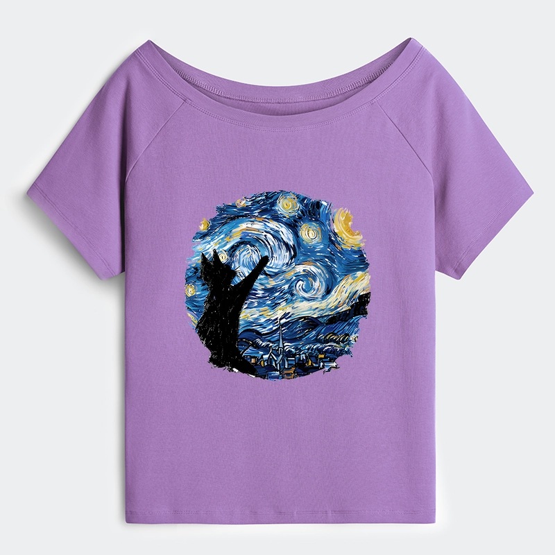 Tokyo-Tiger Starry Night Black Cat Off Shoulder T-Shirt