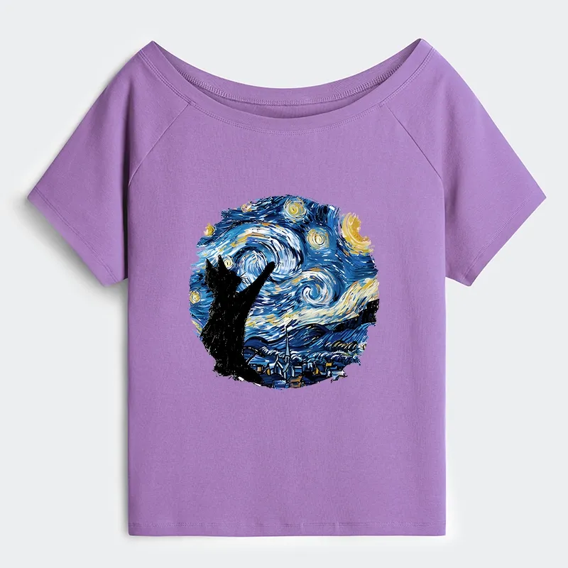 Tokyo-Tiger Starry Night Black Cat Off Shoulder T-Shirt