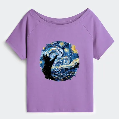Tokyo-Tiger Starry Night Black Cat Off Shoulder T-Shirt