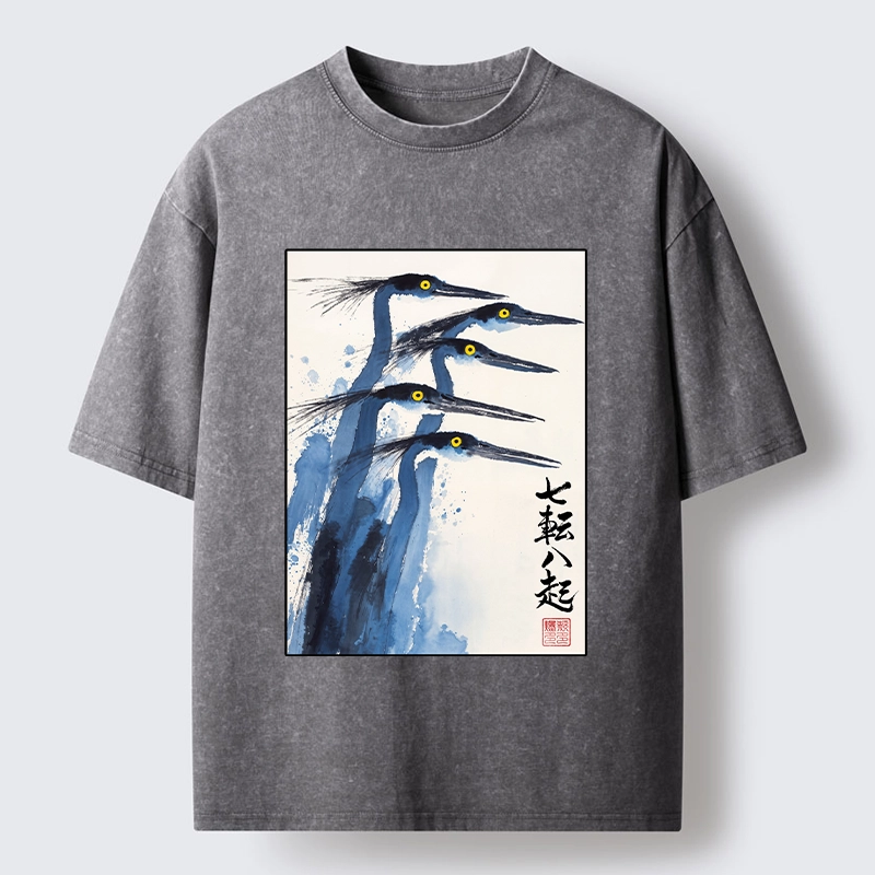 Tokyo-Tiger Blue Herons Japanese Ink Art Washed T-Shirt