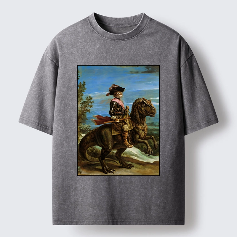 Tokyo-Tiger Fancy Cat Knight On Dinosaur Washed T-Shirt