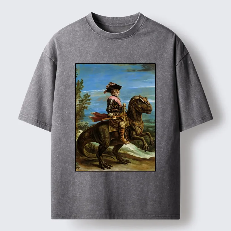 Tokyo-Tiger Fancy Cat Knight On Dinosaur Washed T-Shirt