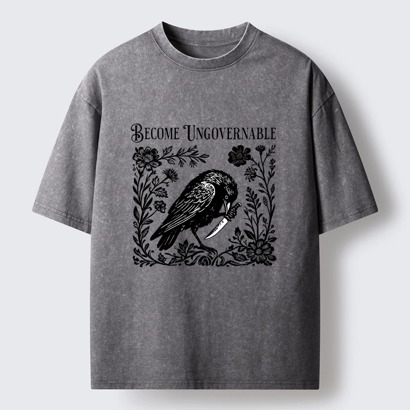 Tokyo-Tiger Crow With Knife Floral Print Washed T-Shirt