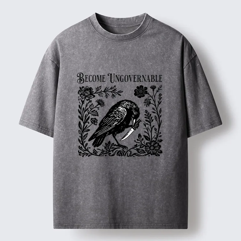 Tokyo-Tiger Crow With Knife Floral Print Washed T-Shirt