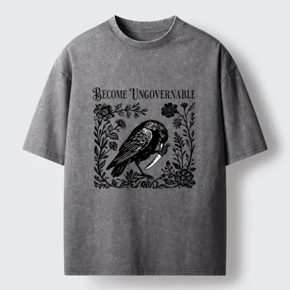 Tokyo-Tiger Crow With Knife Floral Print Washed T-Shirt