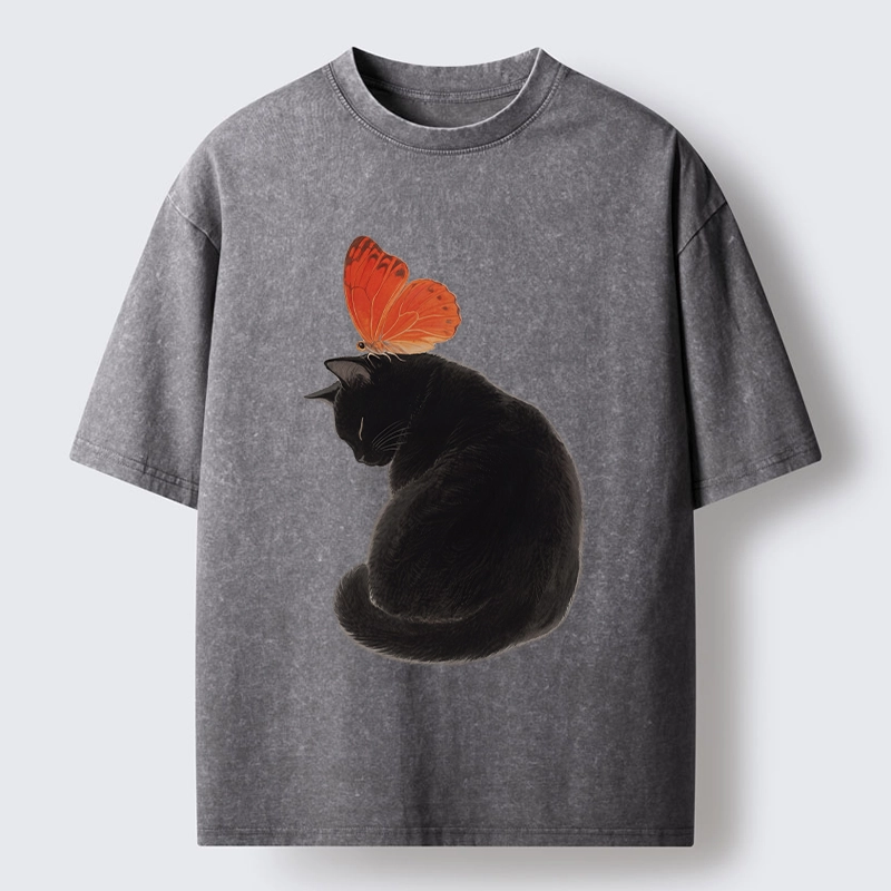 Tokyo-Tiger Black Cat With Orange Butterfly Washed T-Shirt