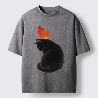 Tokyo-Tiger Black Cat With Orange Butterfly Washed T-Shirt