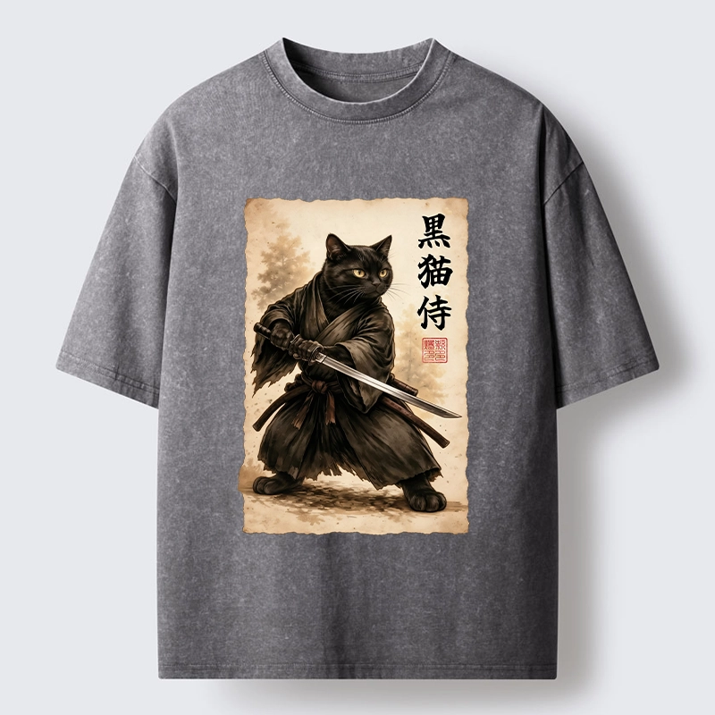 Tokyo-Tiger Black Cat Samurai Warrior Art Washed T-Shirt