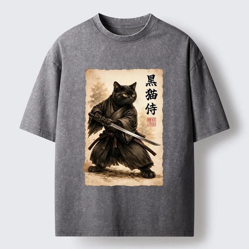 Tokyo-Tiger Black Cat Samurai Warrior Art Washed T-Shirt