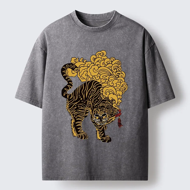 Tokyo-Tiger Black And Gold Tiger With Clouds Washed T-Shirt