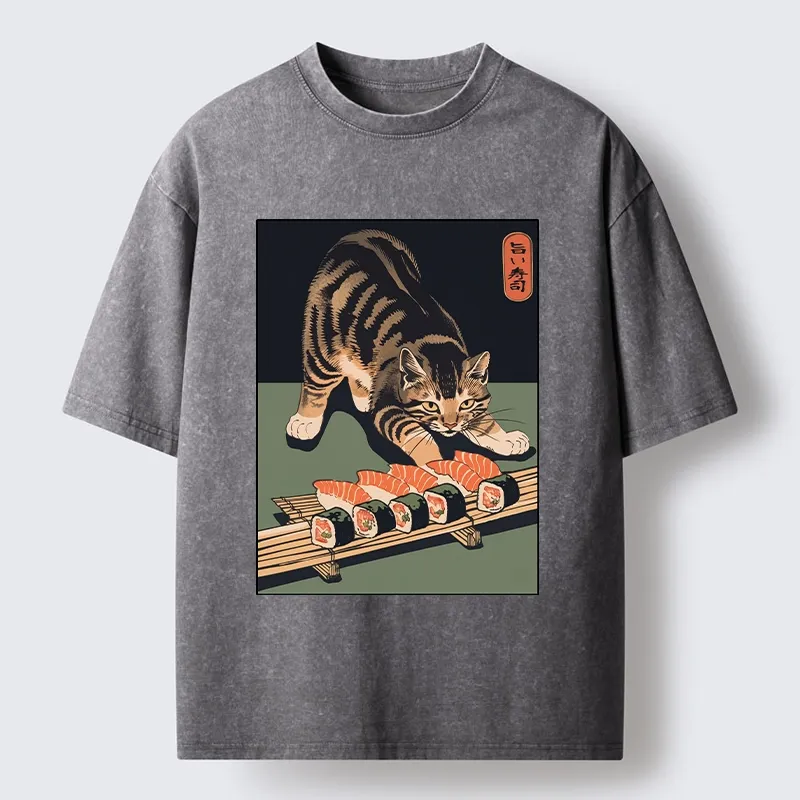 Tokyo-Tiger Cat Trying To Steal Sushi Washed T-Shirt