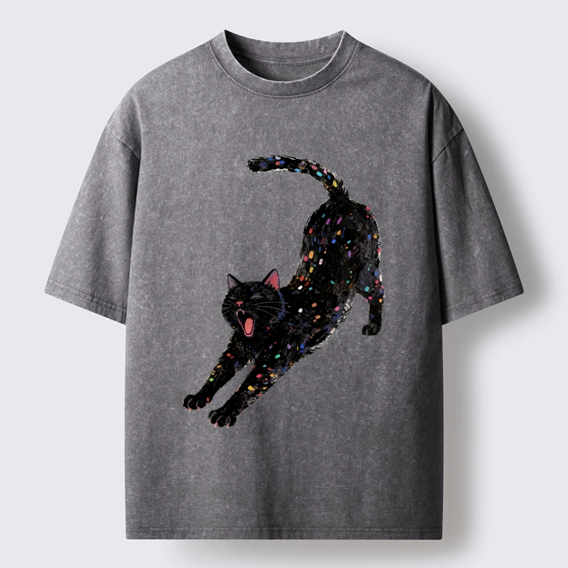 Tokyo-Tiger Dreamy Black Cat Yawning And Stretching Washed T-Shirt