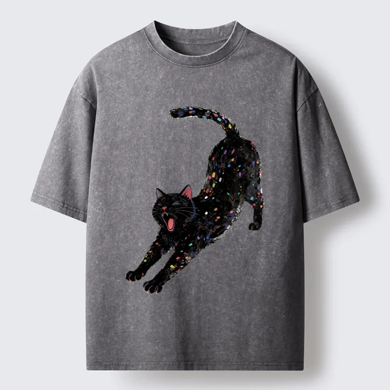 Tokyo-Tiger Dreamy Black Cat Yawning And Stretching Washed T-Shirt