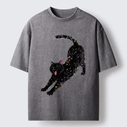 Tokyo-Tiger Dreamy Black Cat Yawning And Stretching Washed T-Shirt