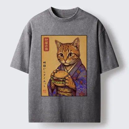 Tokyo-Tiger Kimono Cat Eating A Burger Washed T-Shirt