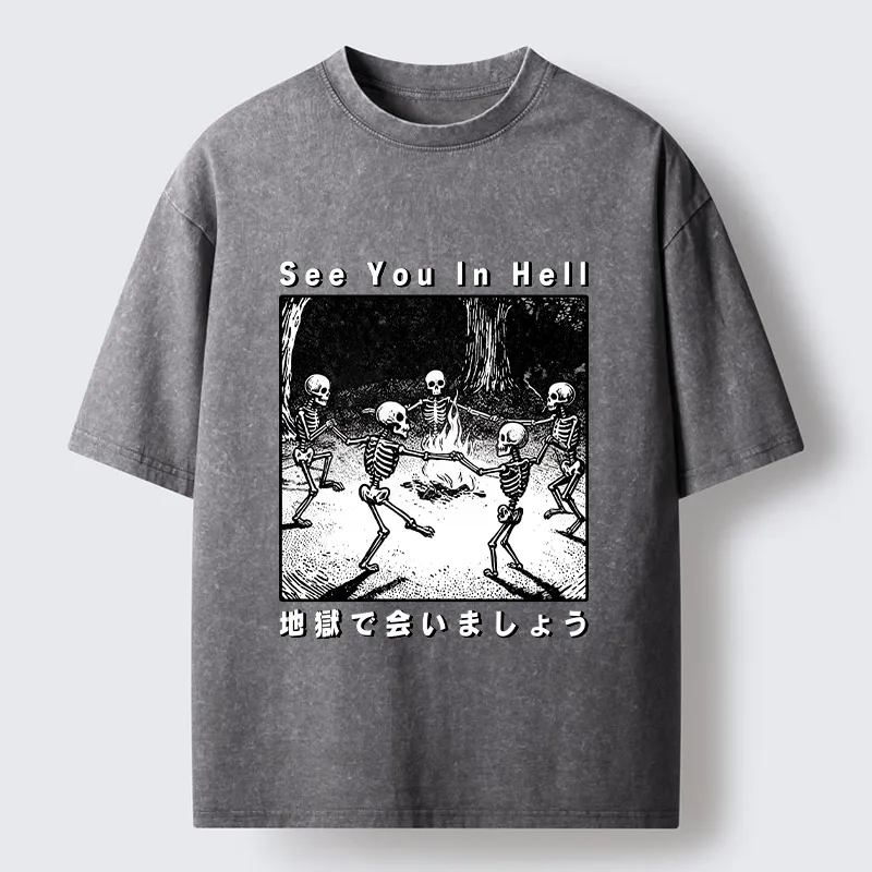 Tokyo-Tiger Funny Skeleton Hell Party Washed T-Shirt