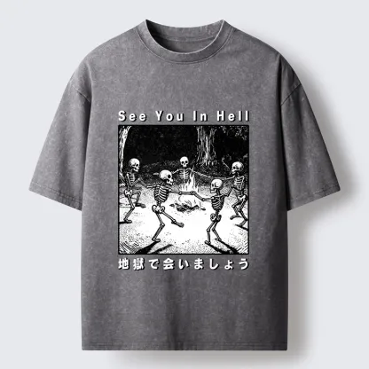 Tokyo-Tiger Funny Skeleton Hell Party Washed T-Shirt