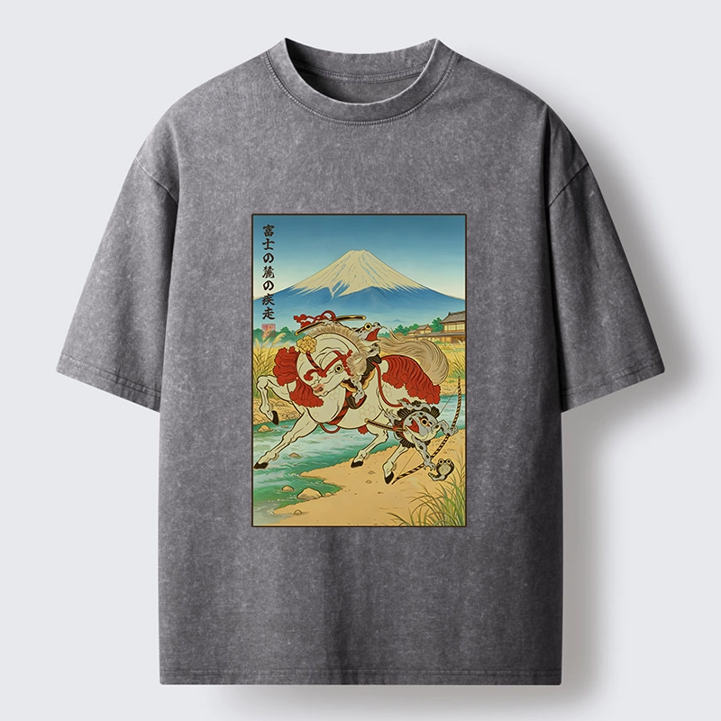 Tokyo-Tiger Samurai Frog Under Mount Fuji Washed T-Shirt