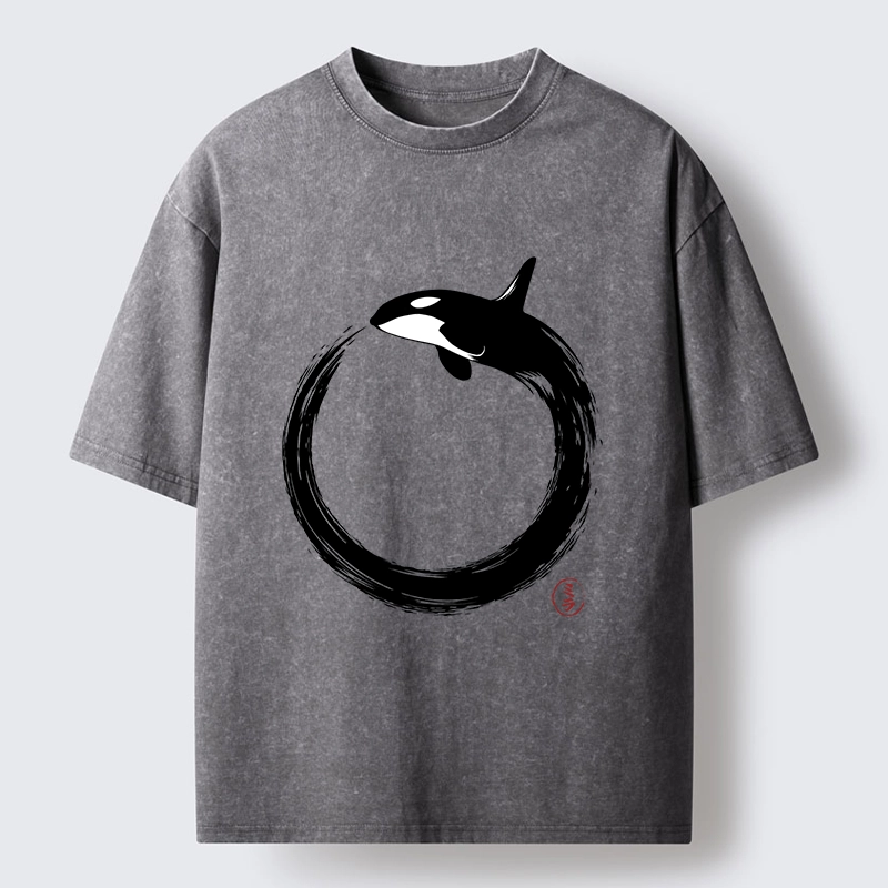 Tokyo-Tiger Orca In Black Ink Circle Washed T-Shirt