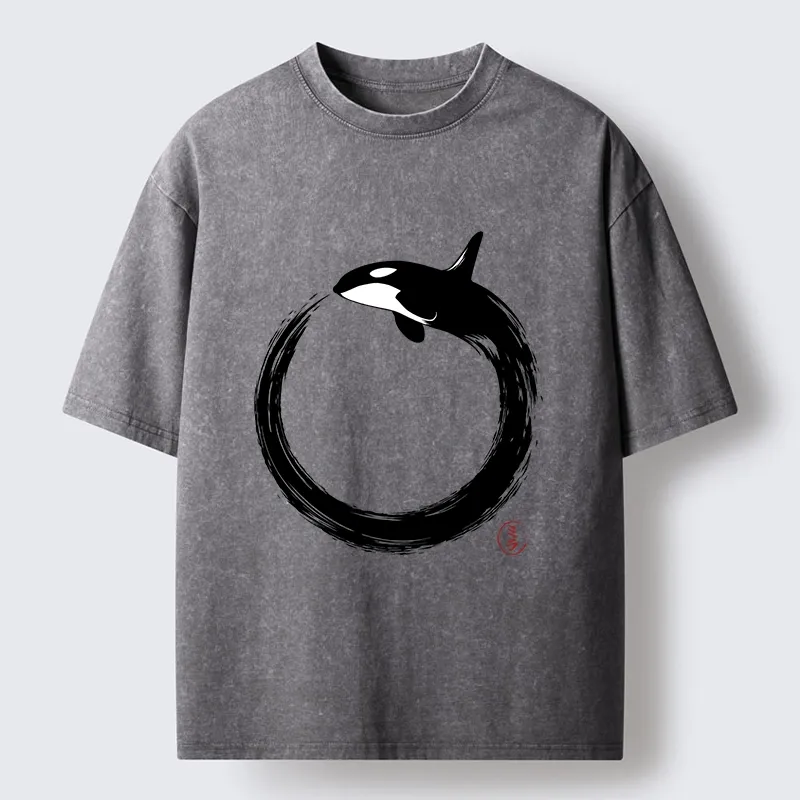 Tokyo-Tiger Orca In Black Ink Circle Washed T-Shirt