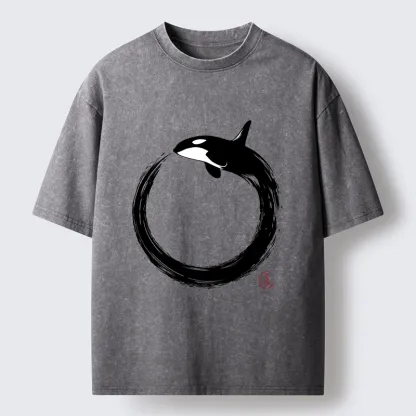 Tokyo-Tiger Orca In Black Ink Circle Washed T-Shirt