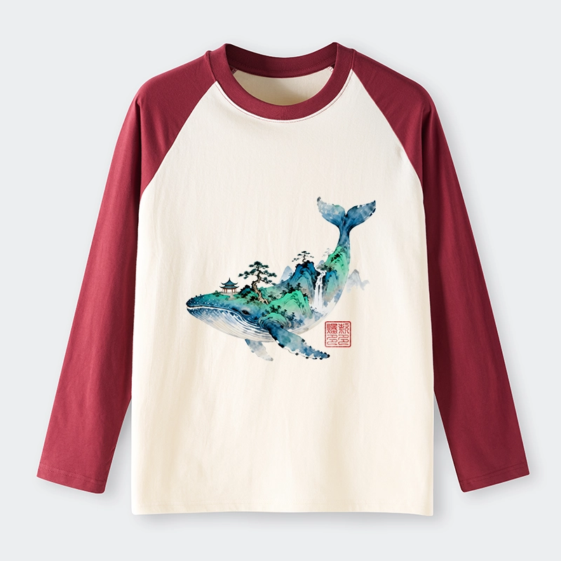 Tokyo-Tiger Whale Ink Painting Landscape Raglan Long Sleeve T-shirt