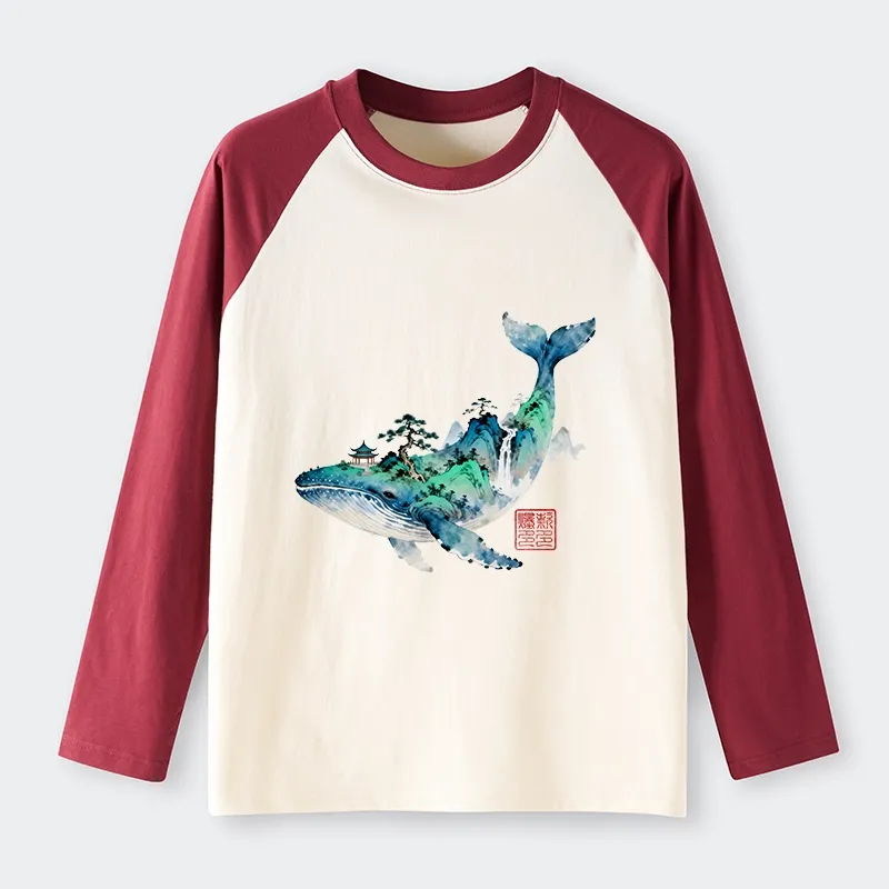 Tokyo-Tiger Whale Ink Painting Landscape Raglan Long Sleeve T-shirt