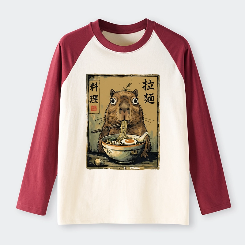 Tokyo-Tiger Cute Capybara Eating Ramen Raglan Long Sleeve T-shirt