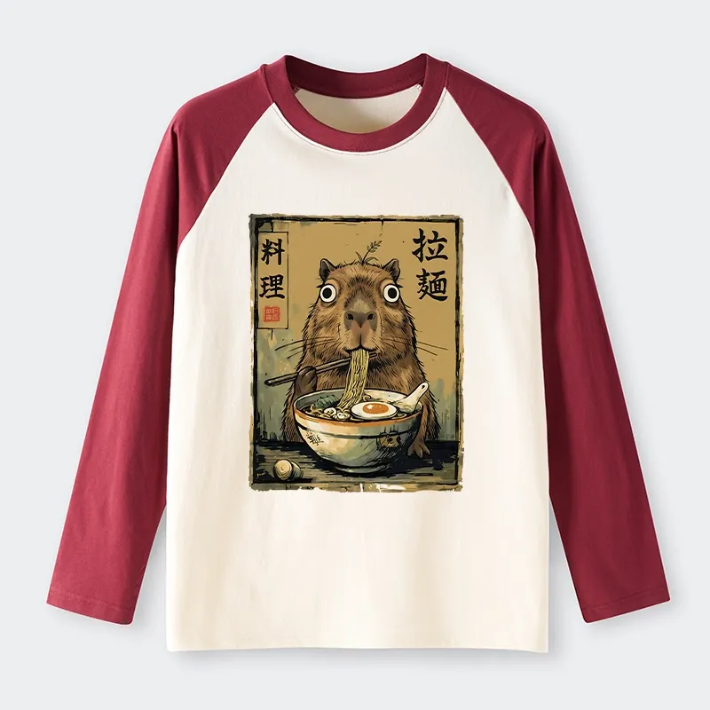 Tokyo-Tiger Cute Capybara Eating Ramen Raglan Long Sleeve T-shirt