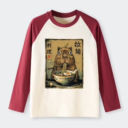 Tokyo-Tiger Cute Capybara Eating Ramen Raglan Long Sleeve T-shirt