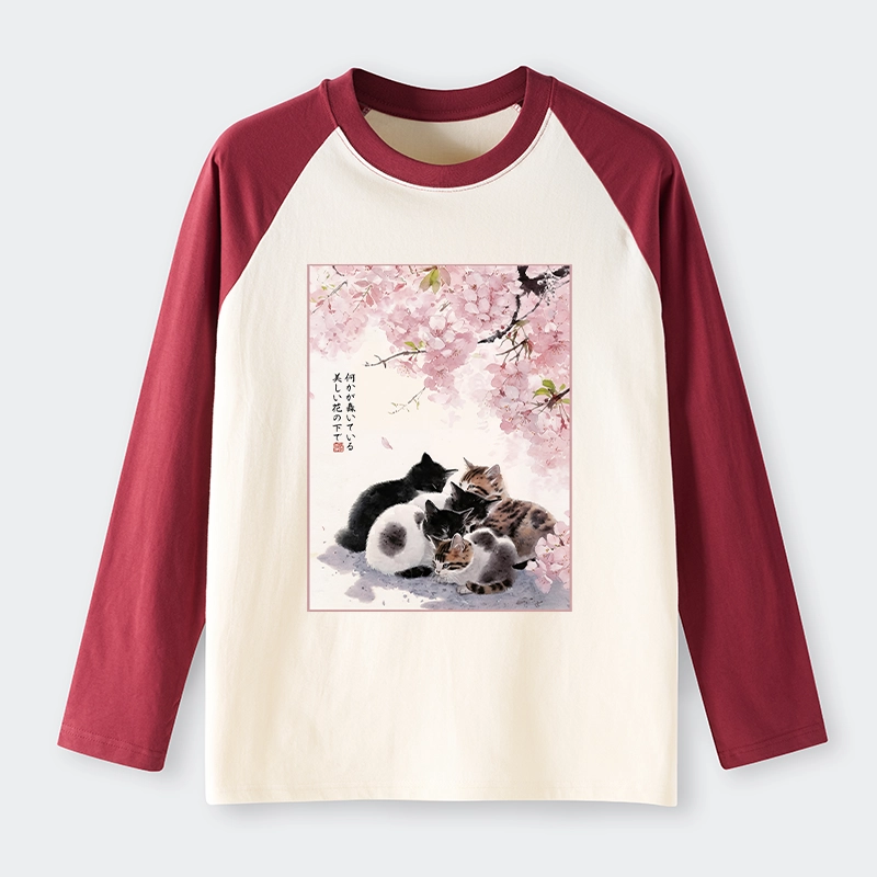 Tokyo-Tiger Cute Cats Sakura Garden Raglan Long Sleeve T-shirt