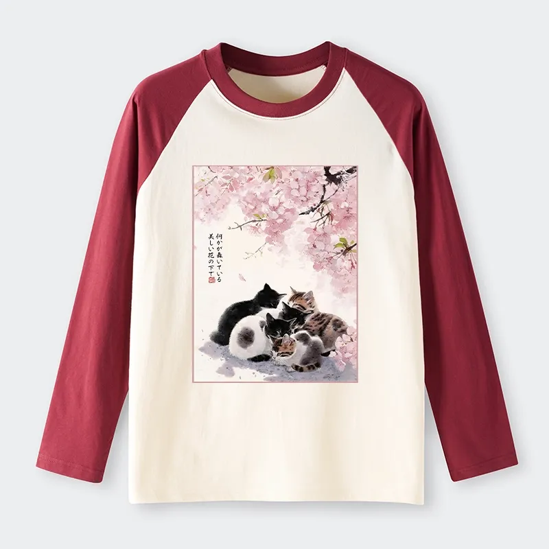 Tokyo-Tiger Cute Cats Sakura Garden Raglan Long Sleeve T-shirt