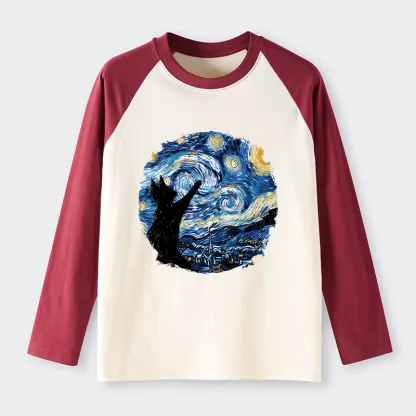 Tokyo-Tiger Starry Night Black Cat Raglan Long Sleeve T-shirt