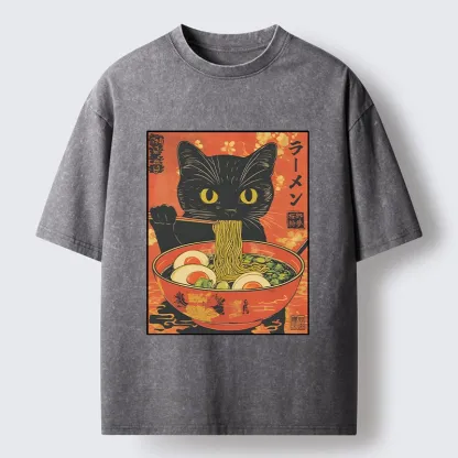 Tokyo-Tiger Hungry Black Cat Loves Ramen Washed T-Shirt