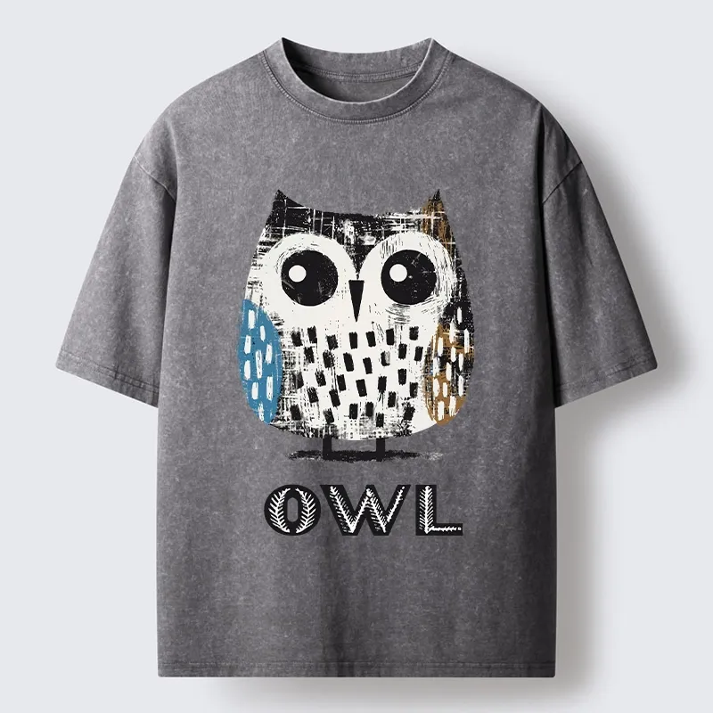 Tokyo-Tiger Minimalist Owl Illustration Print Washed T-Shirt