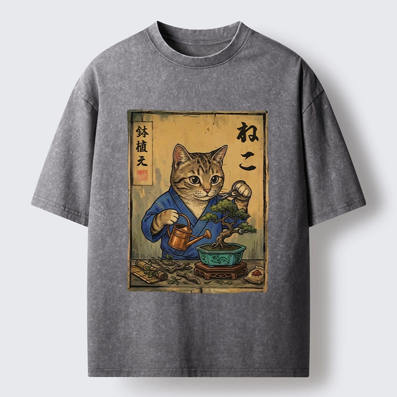 Tokyo-Tiger Cat Mastering Bonsai Art Washed T-Shirt