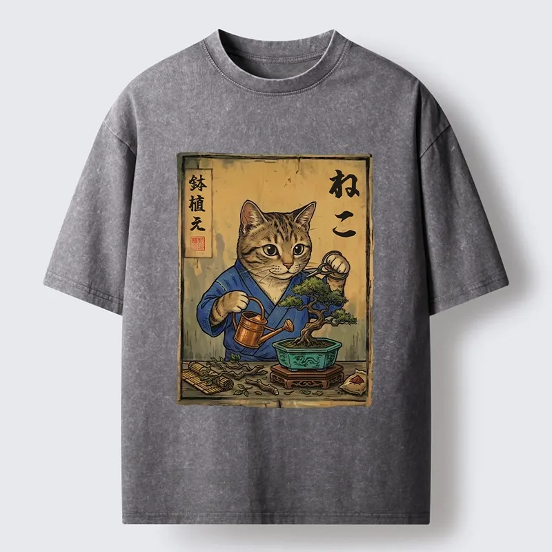Tokyo-Tiger Cat Mastering Bonsai Art Washed T-Shirt